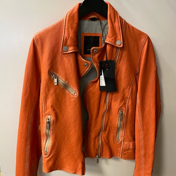 Orange Lambskin Leather Bomber Jacket - Picture 2 of 3